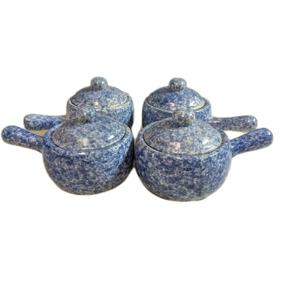Other - Vintage Bleu Co Gailst Blue Spongeware Lidded Soup Crocks - Set of 4